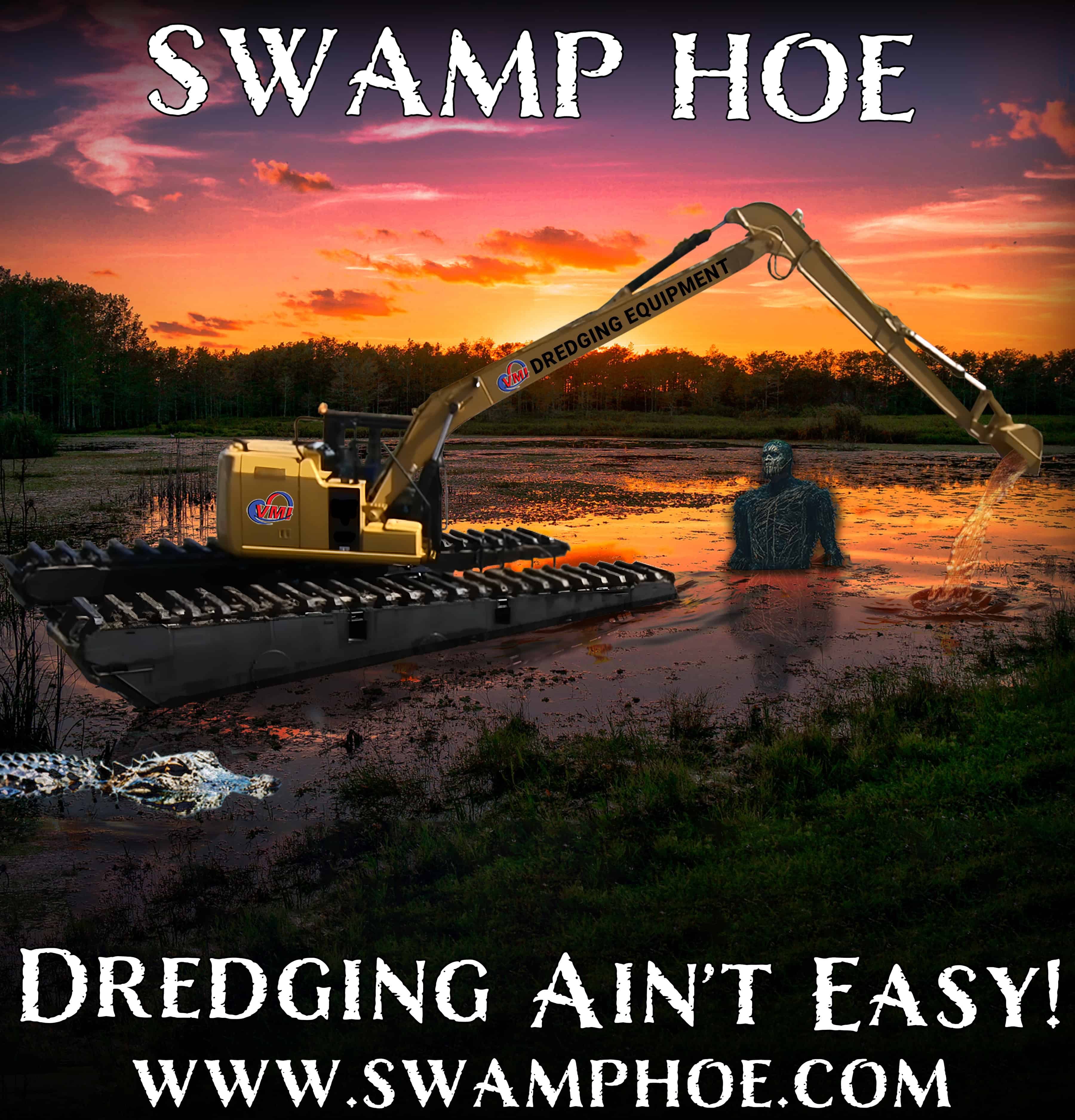 The VMI Dredges Swamp Hoe Excavator logo features a powerful and detailed illustration of the Swamp Hoe excavator, highlighting its strength and versatility in dredging operations.